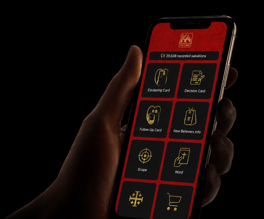 The King's Army app open on a phone, showing the Equipping Card, Decision Card, Follow Up Card, and other tools